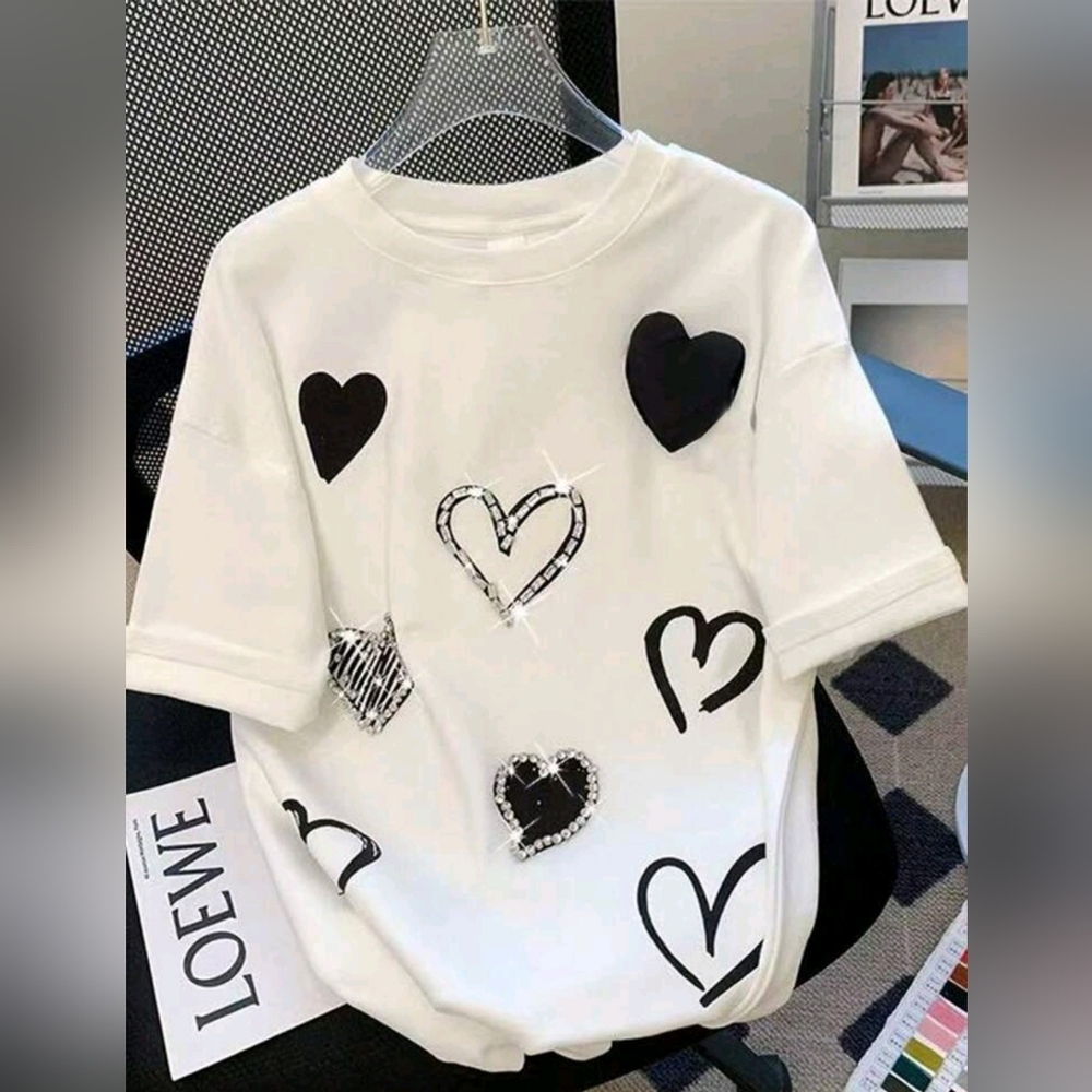 love, Fire White Tee with Black Heart Print